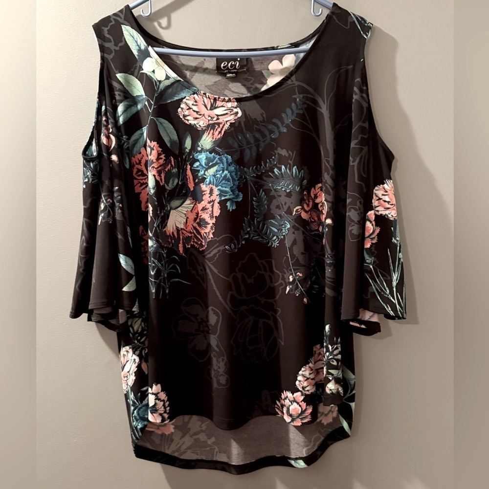 Eci Women's Sz L Butterfly PeekabooShoulder 3/4 Sleeve Floral Blouse - Picture 1 of 5